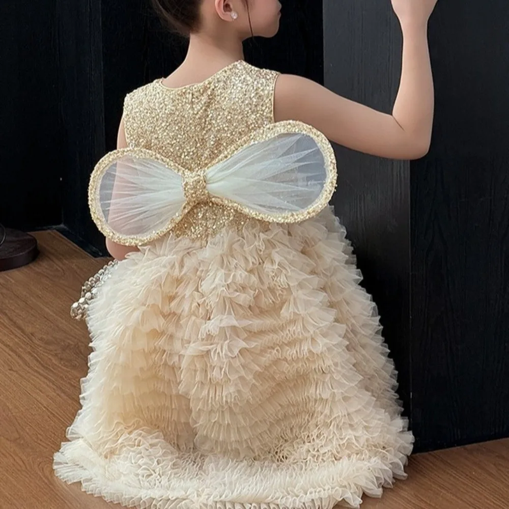 Butterfly Bow Wings Children Princess Dress Round Neck Sequin Sleeveless Kids Birthday Cake Dress Loose Casual
