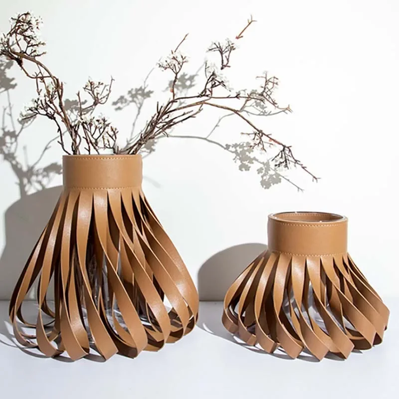 Modern Leather Glass Vase Home Decoration Hydroponic Flower Arrangement Tabletop Dried Flower Vase Creative Skirt Vase Ornament 5
