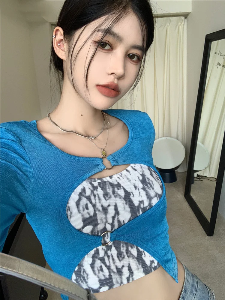 

Женский комплект из двух предметов, футболка с длинным рукавом и ажурный укороченный топ в Корейском стиле, Y2k, весна 2023