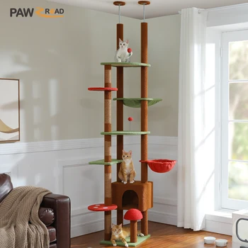 Floor to Ceiling Cat Tree Tower Adjustable Height with Cat Condo Cozy Hammock and Scratching Post Tall Activity Tree 1