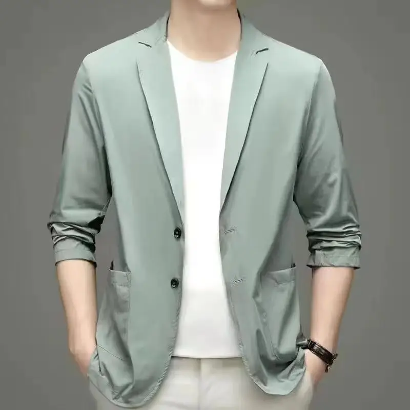 Spring Summer Men Ice Silk Thin Casual Sunscreen Blazer Fashion Casual Male Clothes Long Sleeve Big Size Slim Solid Blazers Coat 5