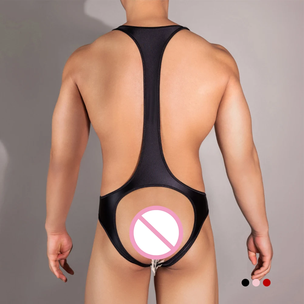 Mens Lingerie Bodysuit Leather Halter Straps Stretchy High Cut Sleeveless Backless Thong Erotic Shiny Jockstrap Swimsuit
