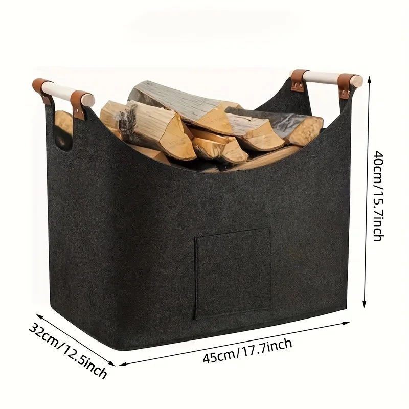 1pc  Foldable Heavy Duty Felt Firewood Basket,  Reinforced Handles - Multi-purpose Storage for Home & Camping - Dark Grey