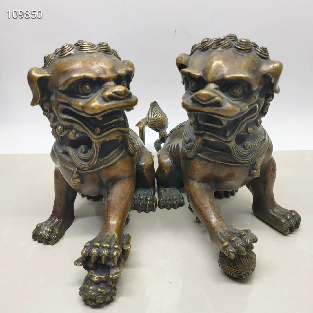 Un Paio Di Antichi Leoni Fortunati Bestia Foo Dog Statuary Defend Portare Ricchezza Famiglia Mascotte Ottone