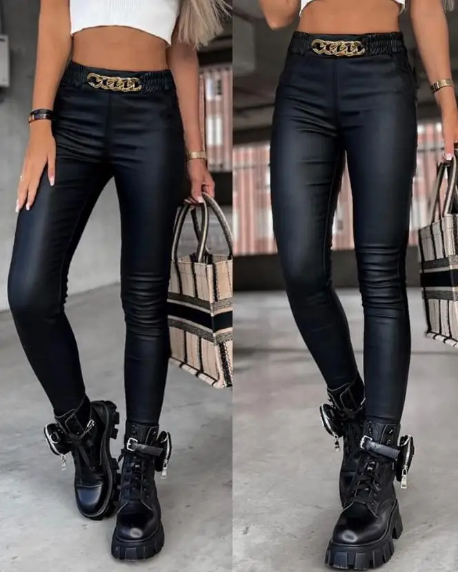 Chain Decoration High Waist Pu Leather Pants New Hot Selling 2023 Fashion Women's Pants