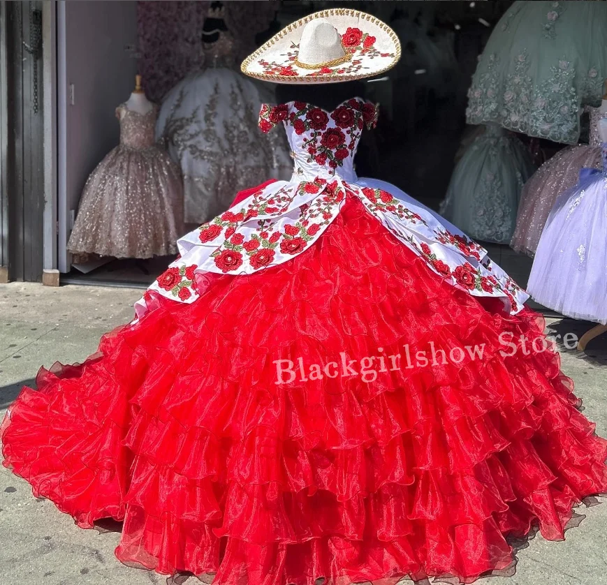 red charro dress Red And White Charro Quince Dress White Red Size 00 Ball Gown Satin Sweetheart Charro Quinceanera