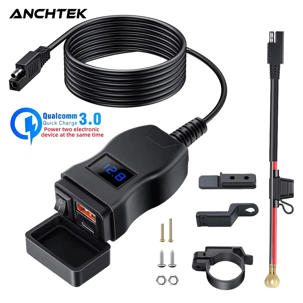 Anchtek Waterproof Motorcycle Charger Adapter with USB PD Quick Charge 3.0 and Switch