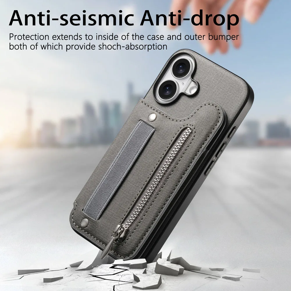 Zipper Cards Slot Leather Wallet Case with Elastic Wrist Strap