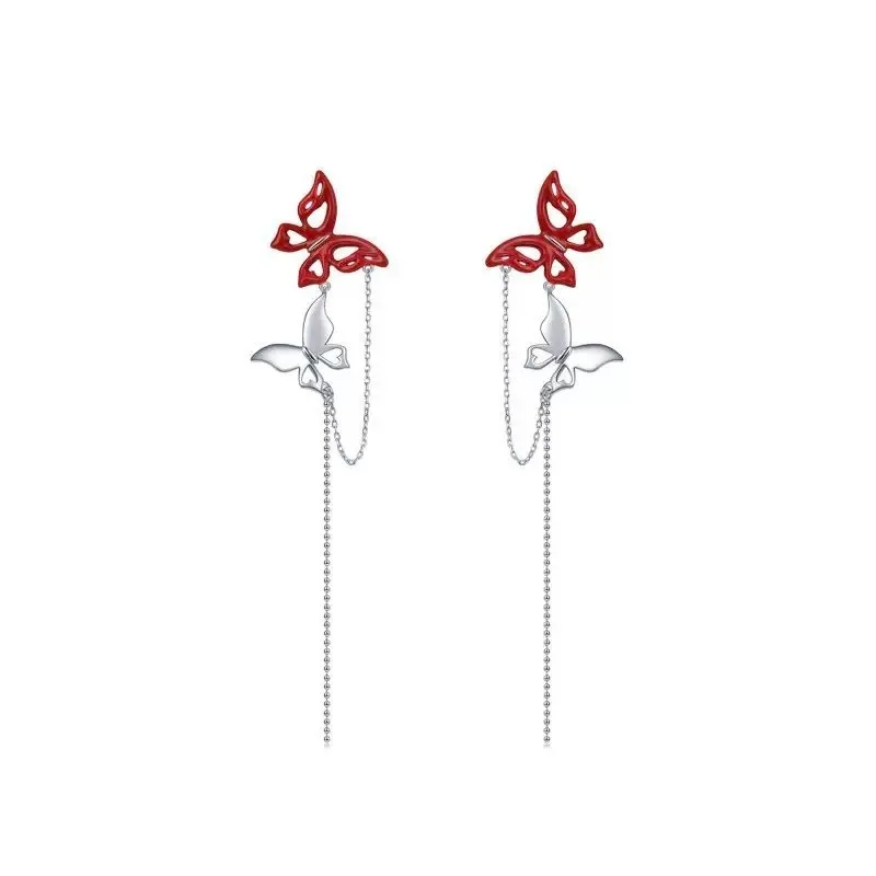 

Street Photography Unique Sense of Luxury Red White Double Butterfly Tassel Earrings Female Niche Design High-end EarAccessories