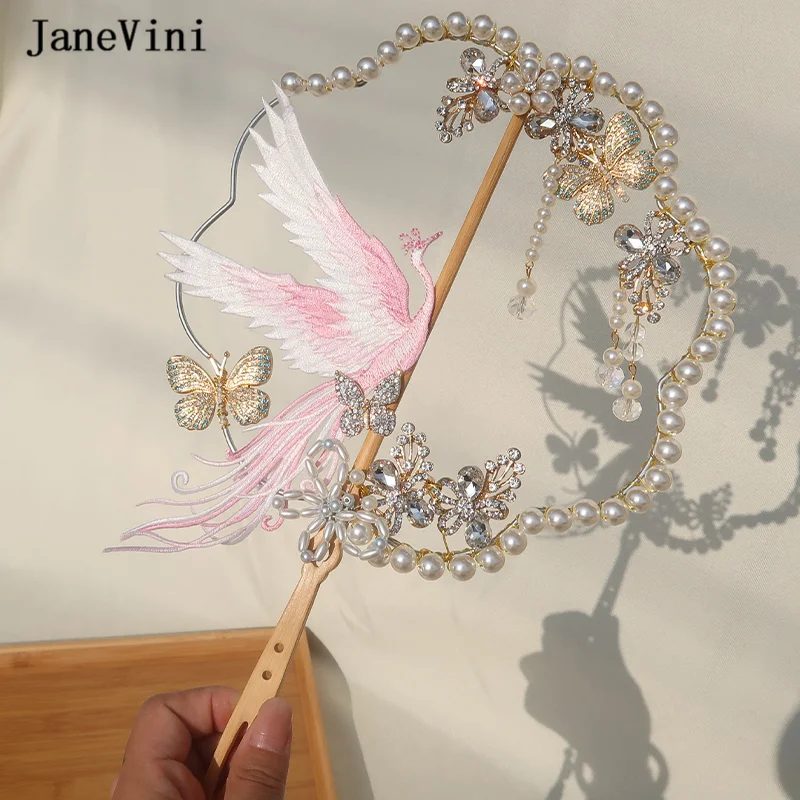 

JaneVini Newest Chinese Bridal Bouquets Fan Pink Embroidery Phoenix Handmade Flowers Pearls Metal Hollow Fan Wedding Accessories