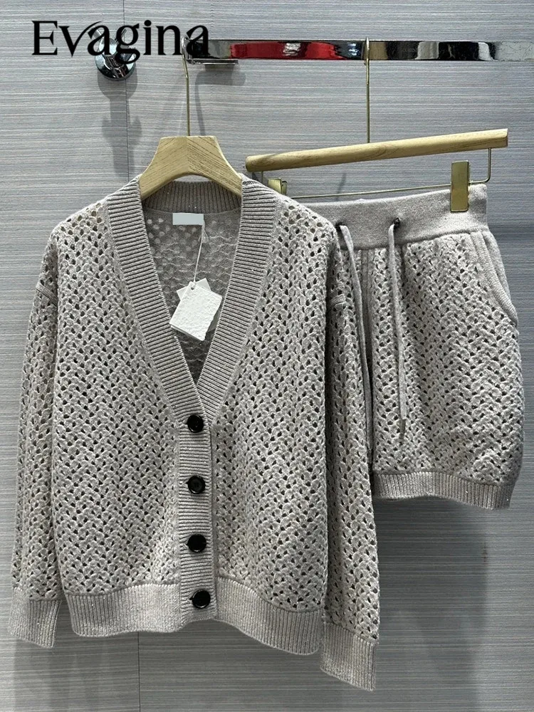 

Evagina Designer Spring Vintage Grey Knitting Shorts Suit Women's Lantern Sleeve Button Coat+Drawstring Elastic Waist Shorts