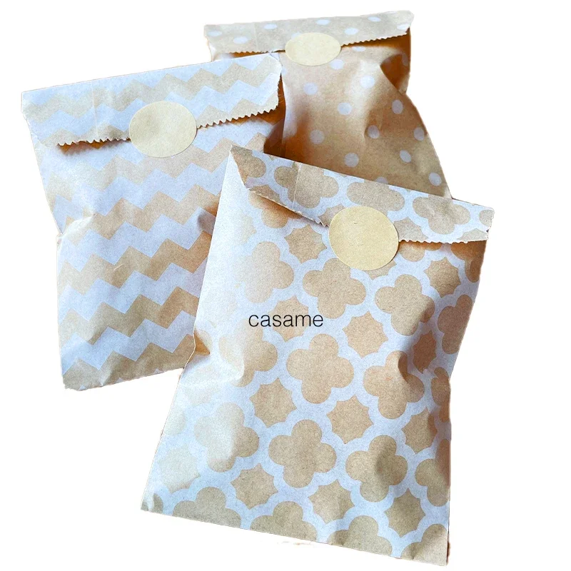 25 Stück Kraftpapiertüten Süßigkeiten Keks Popcorn Verpackungsbeutel Braun Weiß Dot Wave Gebäckpapier Hochzeit Party – Detail 4