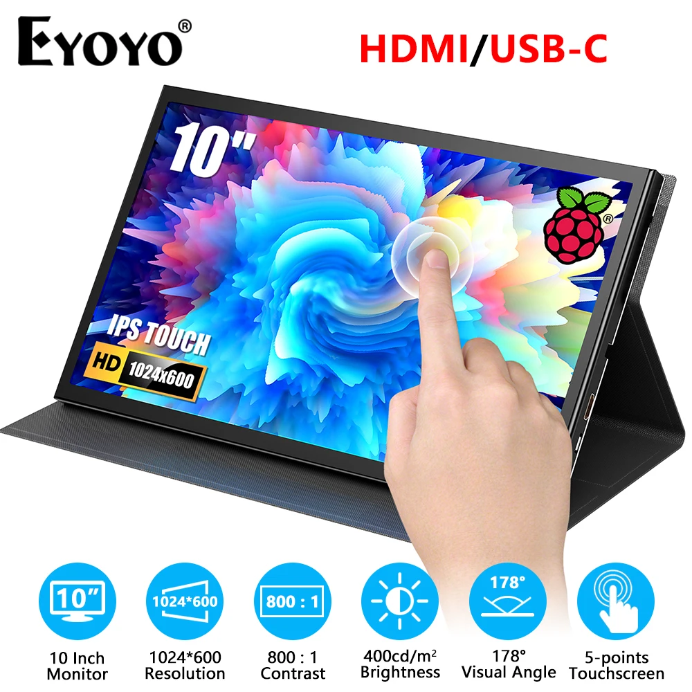 

Eyoyo 10 Inch Mini HDMI Portable Monitor for Laptop/PC/Banana Pi 1024x600 Capacitive Touchscreen Raspberry Pi 4B/3B+/3A+ Display