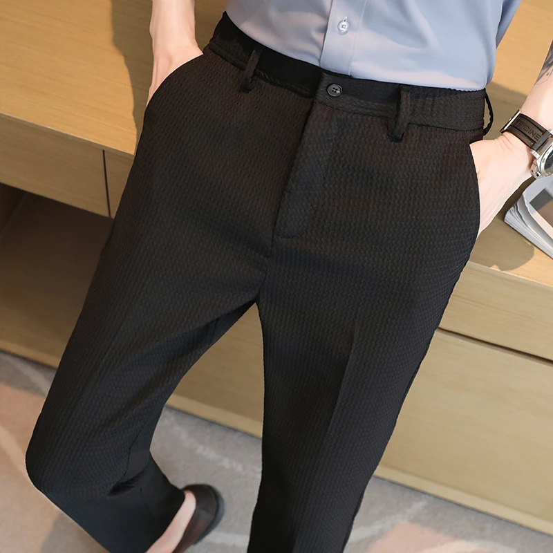 Waffle Casual Suit Pant Spring Men Elastic Waist Formal Classic Pants Green Black White Office Social Slim Trousers Homme 29-38