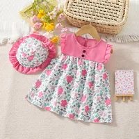 New Summer Baby Girl Floral Dress Girl Sleeveless Pure Cotton Newborn Birthday Dress Comes with Sun Hat 1