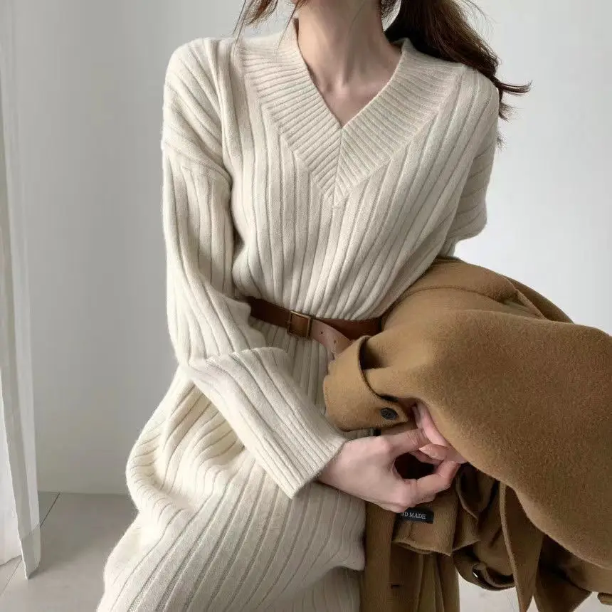 

Autumn and Winter New Fashion V-neck Dress Temperament Mid length Knitted Woolen Dress women clothing