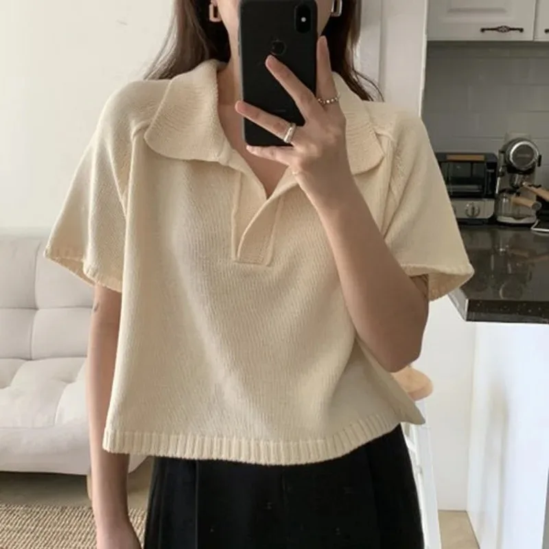

Summer Women Short Sleeve T-Shirts Turn Down Collar Elegant Knitted Korean Style Ladies Loose Solid Color Tops New Casual Tshirt