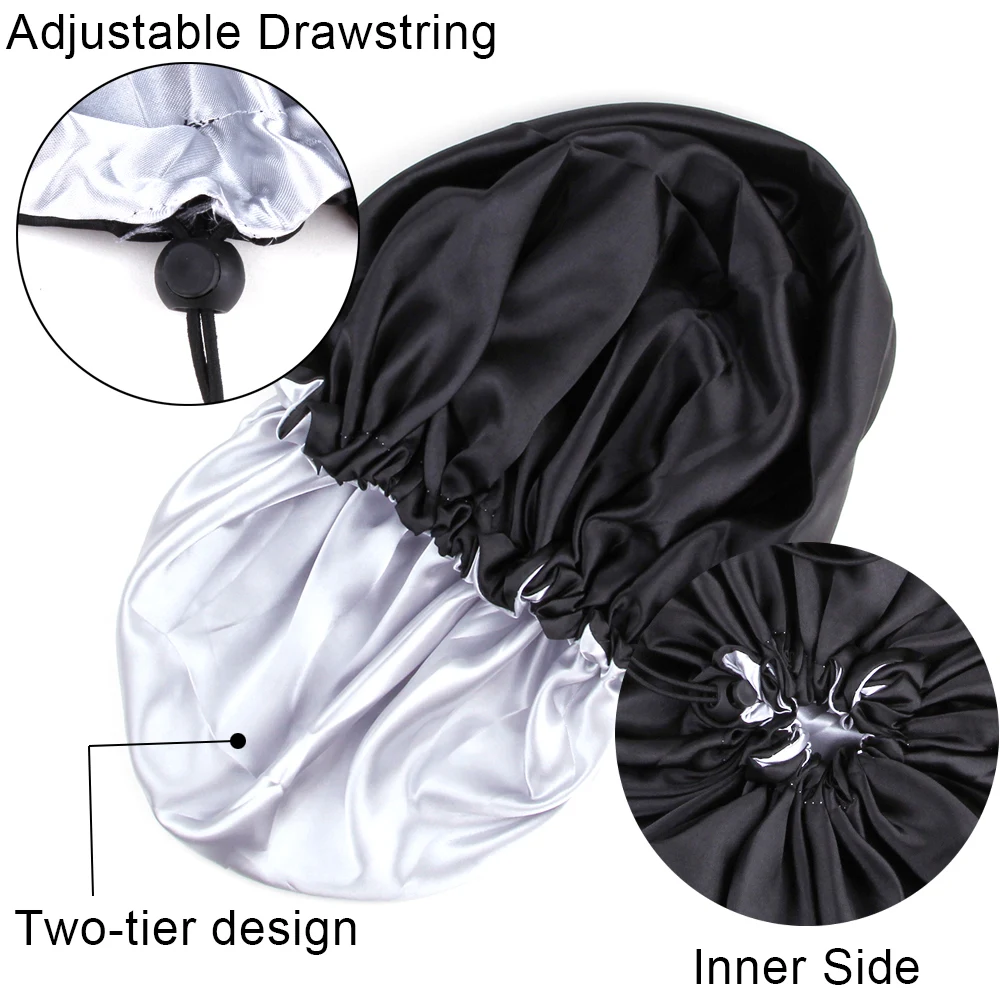 Sleep Satin Hat Curly Reversible Double Layer Layer Satin Night Cap Adjusting Button Silky Bonnet Women Hair Heating Cap Tool 2