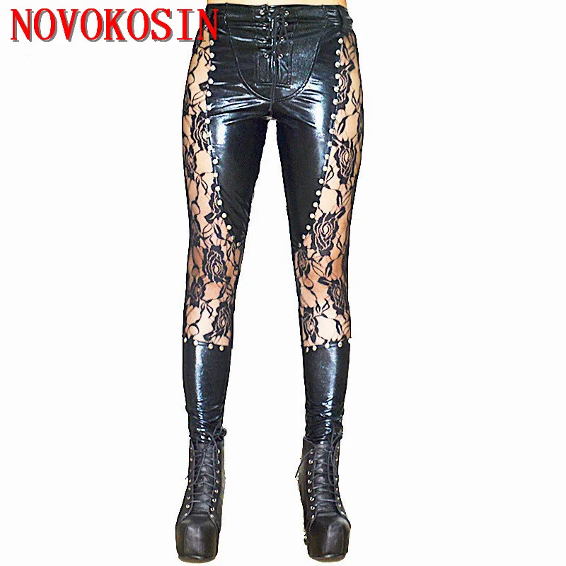 Fashion New Women Night Club Wet Look Faux Leather Drawstring Trousers XL Female Shinny PU Leather Legging Femme Lace Pants