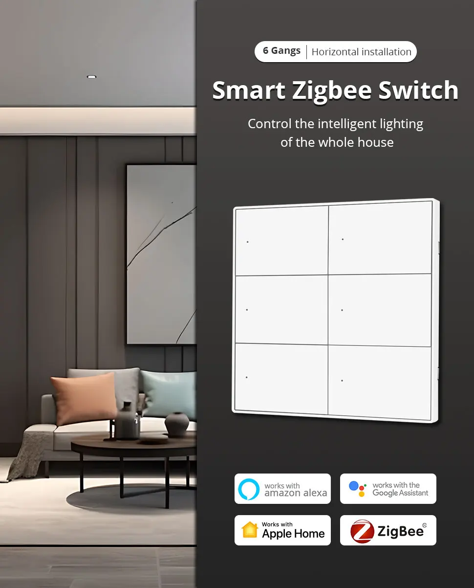 Zigbee 6 Gang Push Wall Light Switches 4x4 with Neutral Interruptor Work with Tu