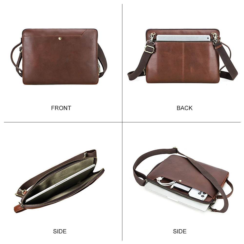 Capa Portátil de Couro Genuíno para Homens Bolsa Tiracolo Vintage Bolsa com Alça de Ombro Destacável Macbook Pro 14 Air 13 - Imagem 6