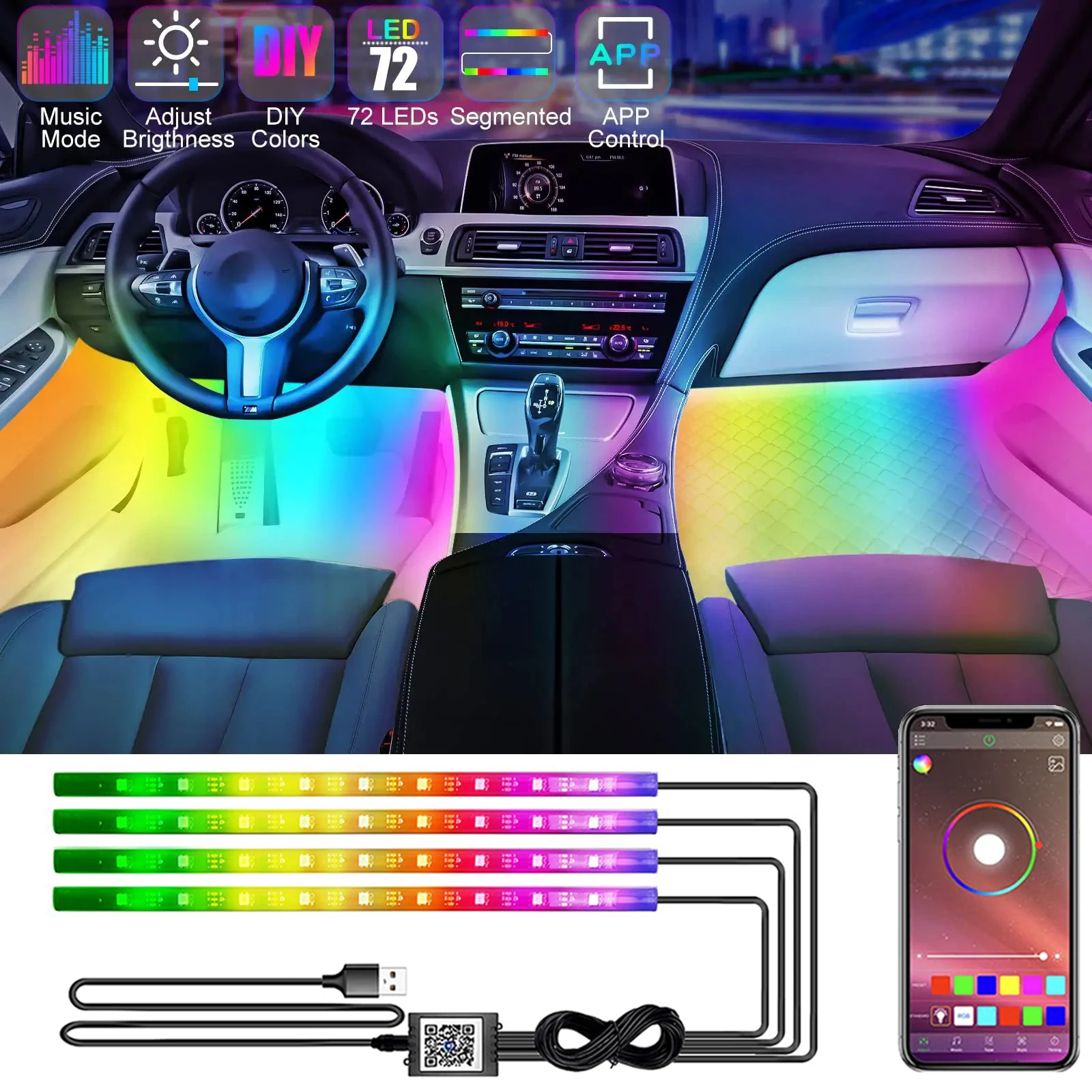 12V 6m LED Strips RGB Car Interior Light Ambient Lamp Decorative Fiber  Optic 5 Lens Smart Control Caravan Automotive Accessories - AliExpress