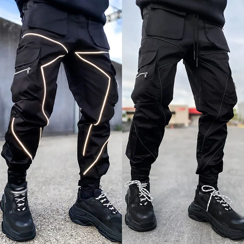 

Y2K Mens Casual Black Cargo Pants Gym Loose Plus Size Striped Multi Pocket Sports Fitness Hip Hop Jogger Trousers Techwear Men