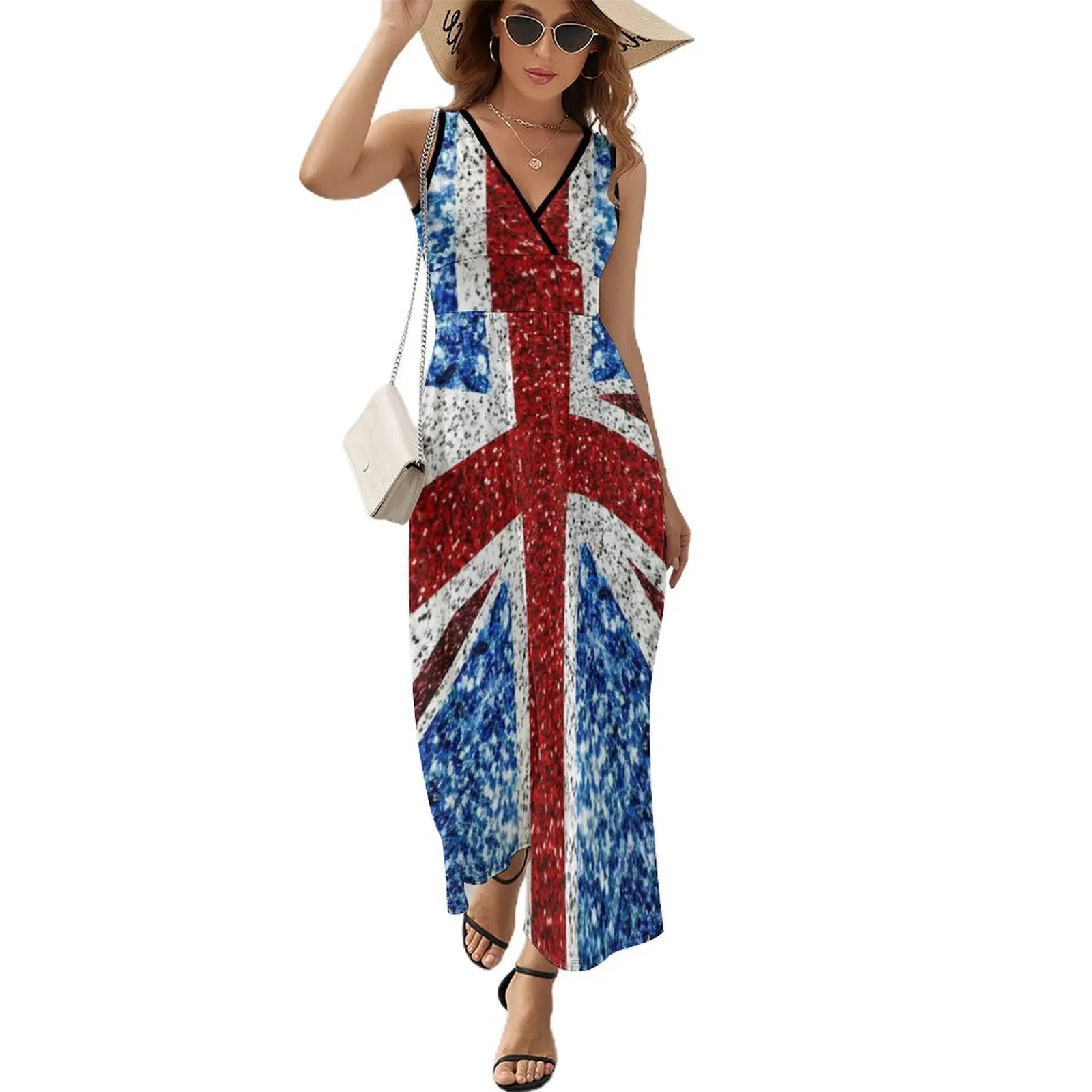 

UK flag red blue white faux sparkles glitters Sleeveless Dress elegant party dress for women 2024 luxury evening dresses 2024
