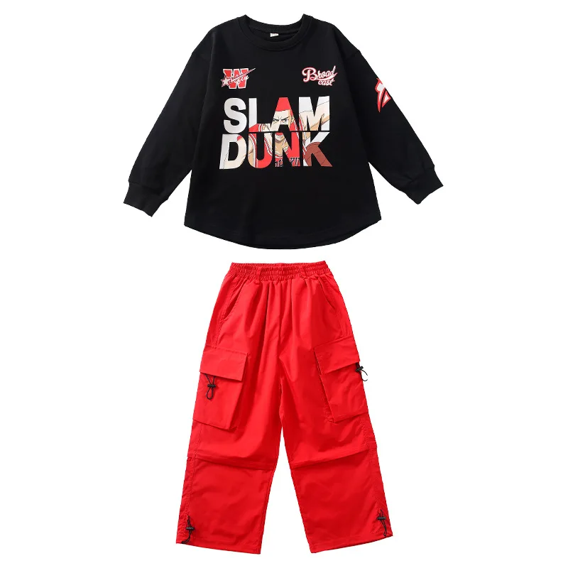 Children Hip-hop Fashion Costume Girls Long Sleeves Tops Red Cargo Pants Kids Jazz Dance Outfits Performance Clothing Stage Wear