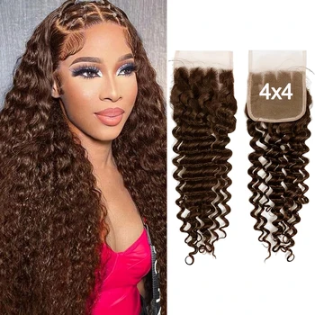 4# Chocolate Brown Deep Wave 4x4 Lace Closure Transparent Swiss Lace Brazilian Human Hair Extensions Pre-Plucked With Baby Hair 1