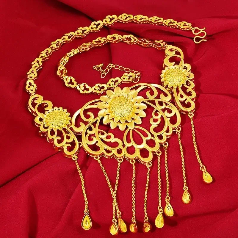 

Vietnam Sand Gold 18K Necklace Set Chinese Ethnic Wind Dragon Phoenix Wedding Women Necklace Plated Real 24K Gold Plated Jewelry