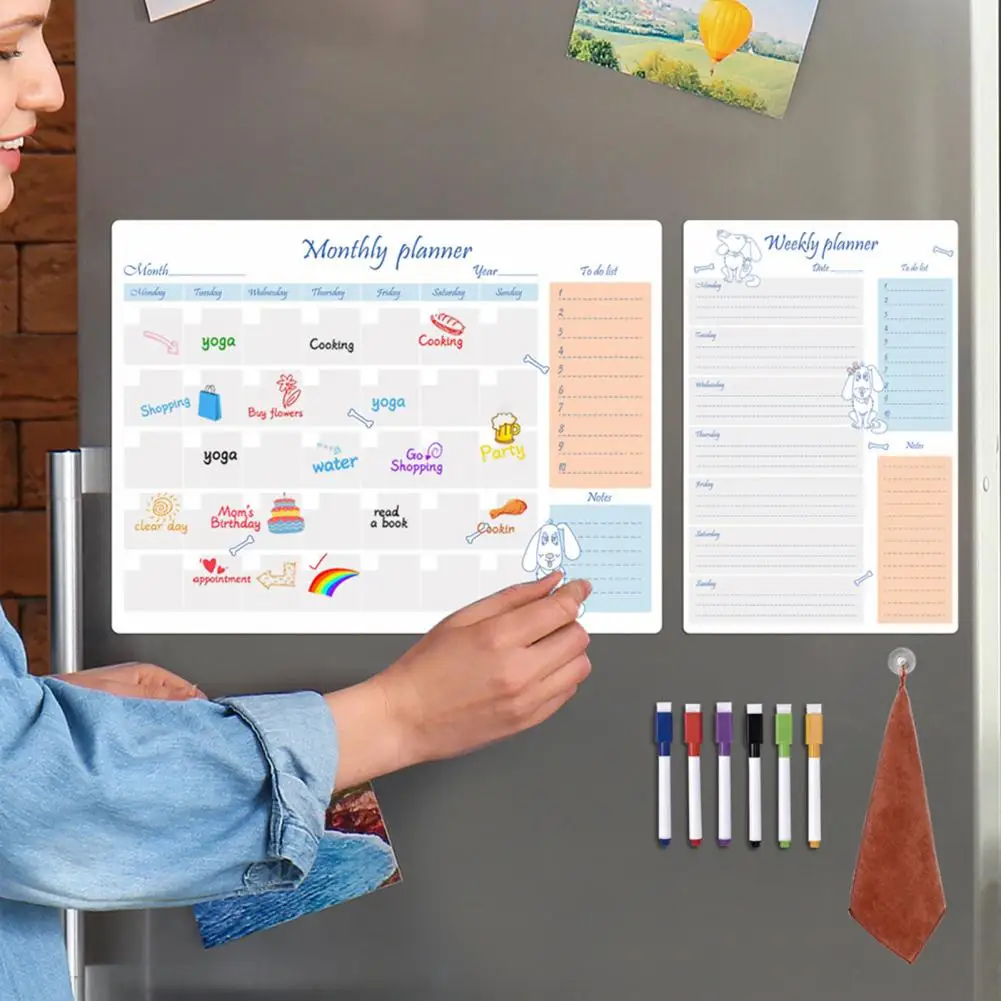 Magnetic Weekly Planner Durable Magnetic Fridge Calendar Kit Scratch-proof Dry-erase Whiteboard Planner with Pens Organize Week