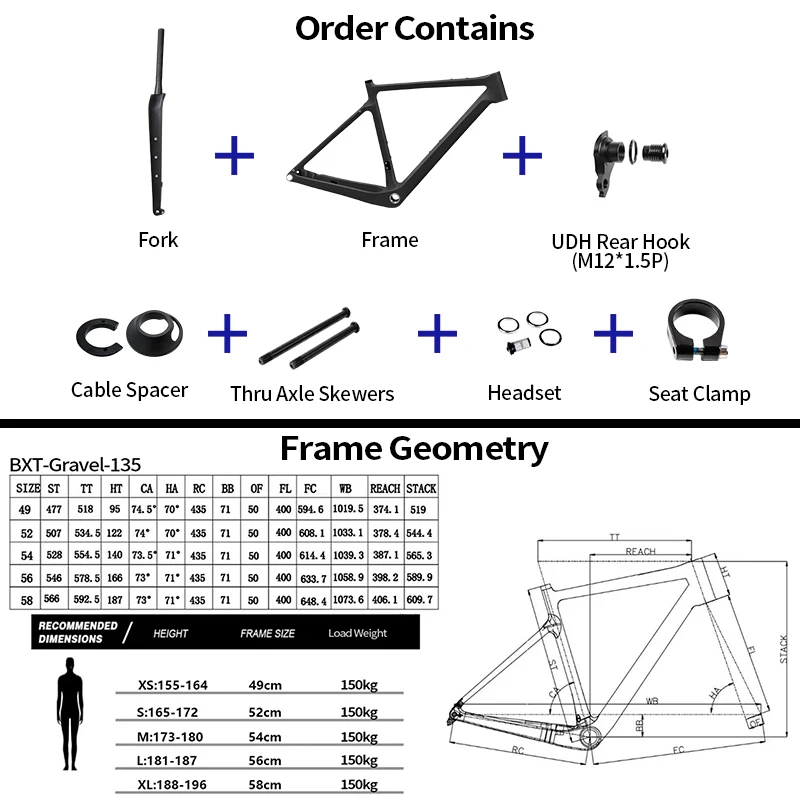 BXT Road Bicycle Frame Gravel Frame Carbon 700C Flat Mount Disc Brake With Carbon Fork And Handlebar Thru Axle 12x142mm - 18 - View #6
