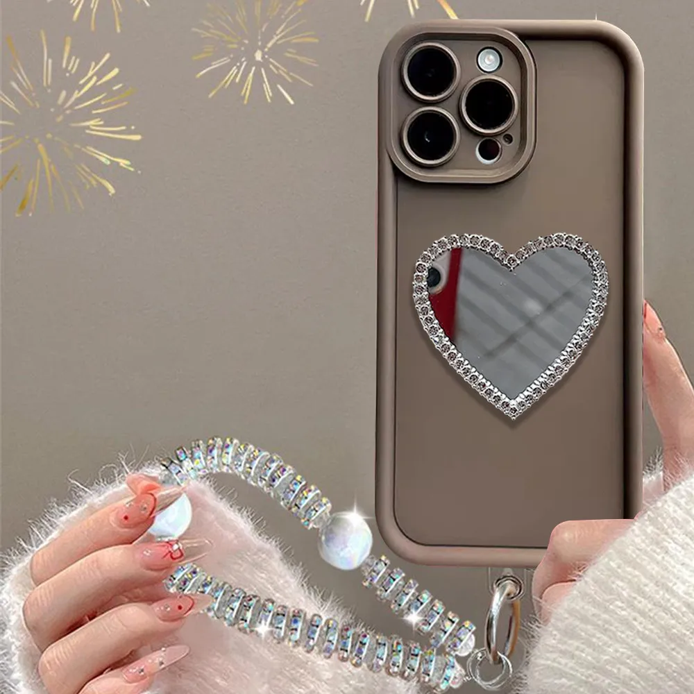 Love Heart Makeup Mirror Phone Case with Diamond Bracelet and Soft Cover
