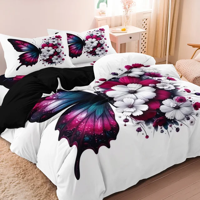 3pcs Beautiful Colorful Butterfly Digital Printing Duvet Cover Set,Bright white Gesang flower shaped flowers Bedding Set,