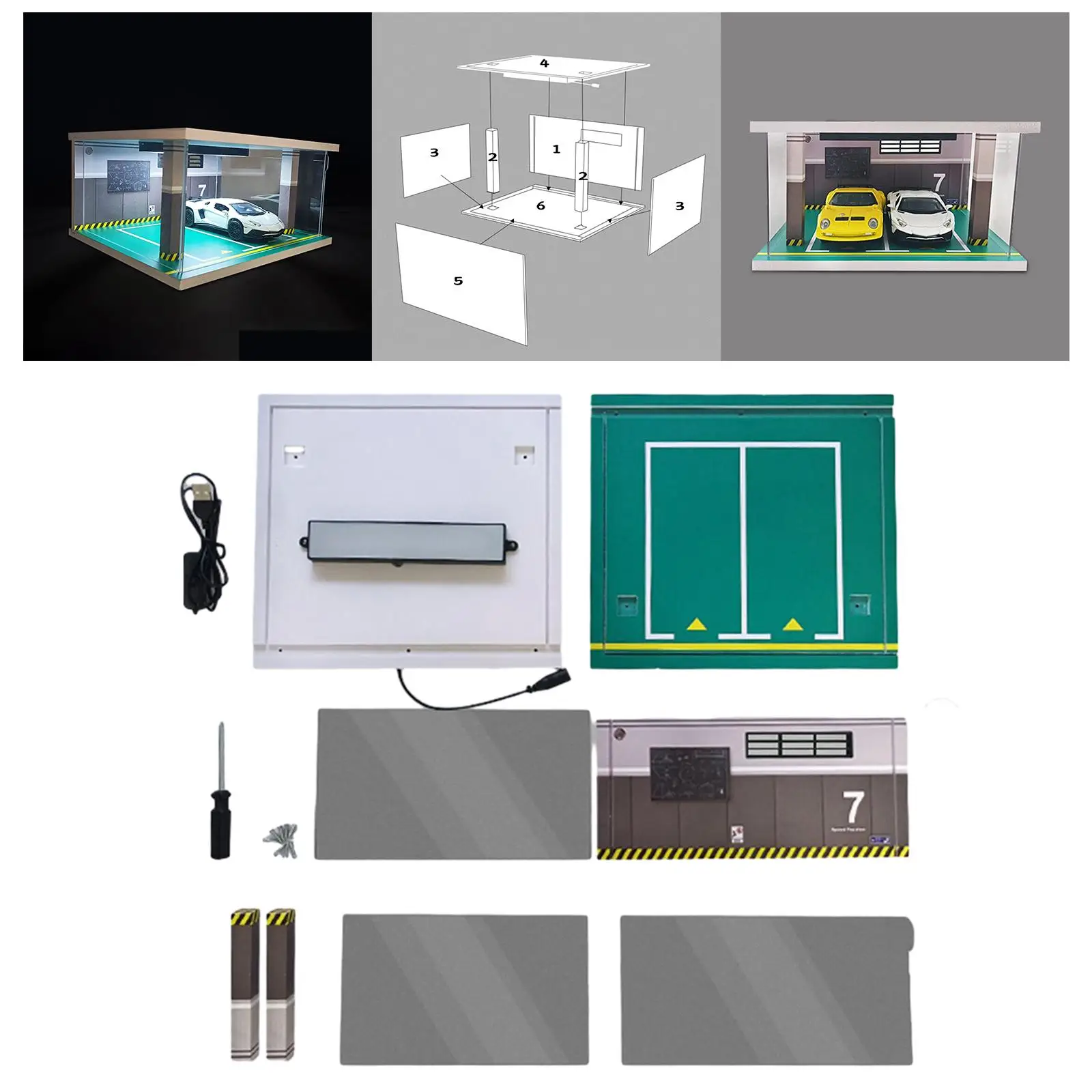 1:32 Scale LED Lighting Garage Model Layout Acrylic Display Case Mini Car Garage for Display Car Home Tabletop Office Decoration 6