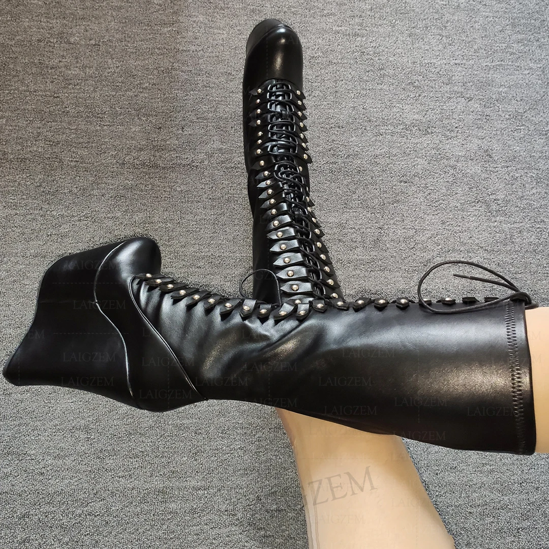 LAIGZEM 여성용 무릎 높이 부츠 플랫폼 웨지, 20cm 하이힐, 레이스업 키 부츠, 신장 증가 신발, 여성 빅 사이즈 43 45 48