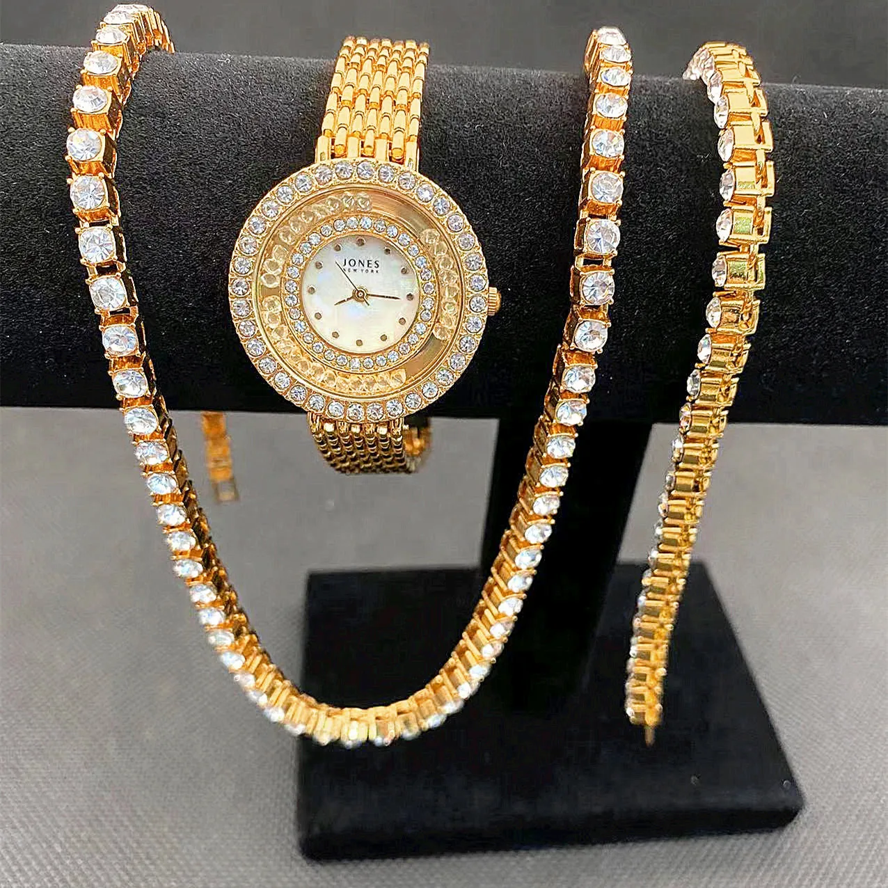 3PCS Luxury Iced Out Watch for Women Tennis Chain Bracelet Necklaces Bling CZ Jewelry Set Watch Women Gifts Relojes Para Mujer