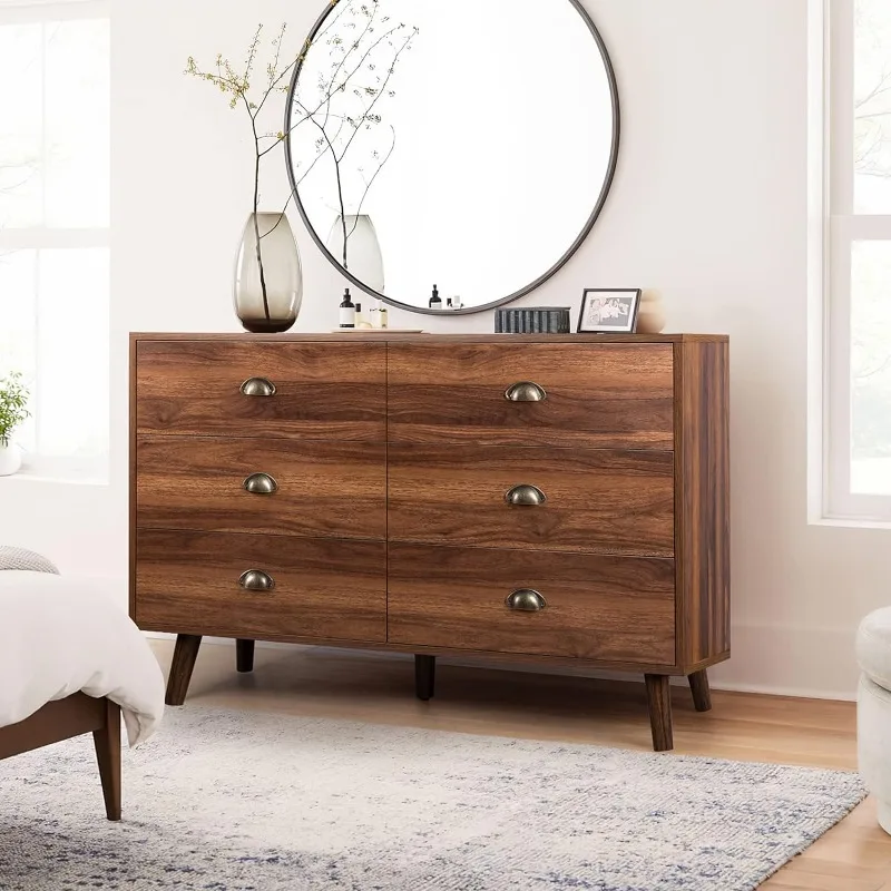 

Dresser for Bedroom with 6 Drawers, Mid Century Modern Dresser with Gold Handles, Wooden Dressers & Chest of Drawers Organizer