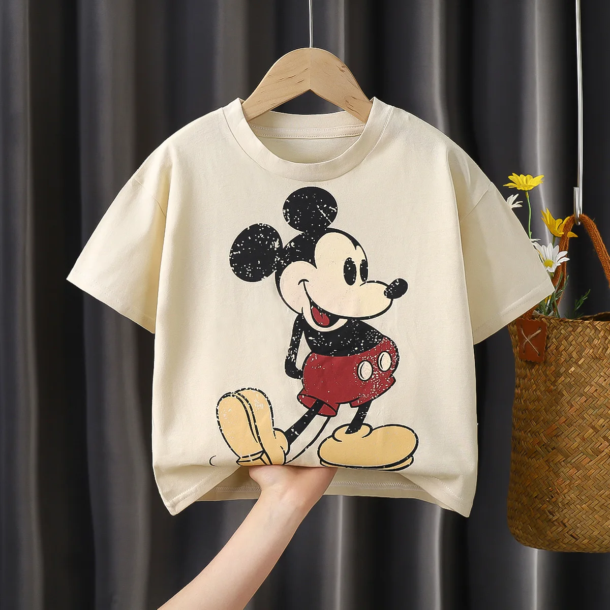 Mickey Print T-shirt Summer Clothing Solid Color Short Sleeve Tops Casual Simple Cartoon Cute Crewneck Base Shirt For Baby 2
