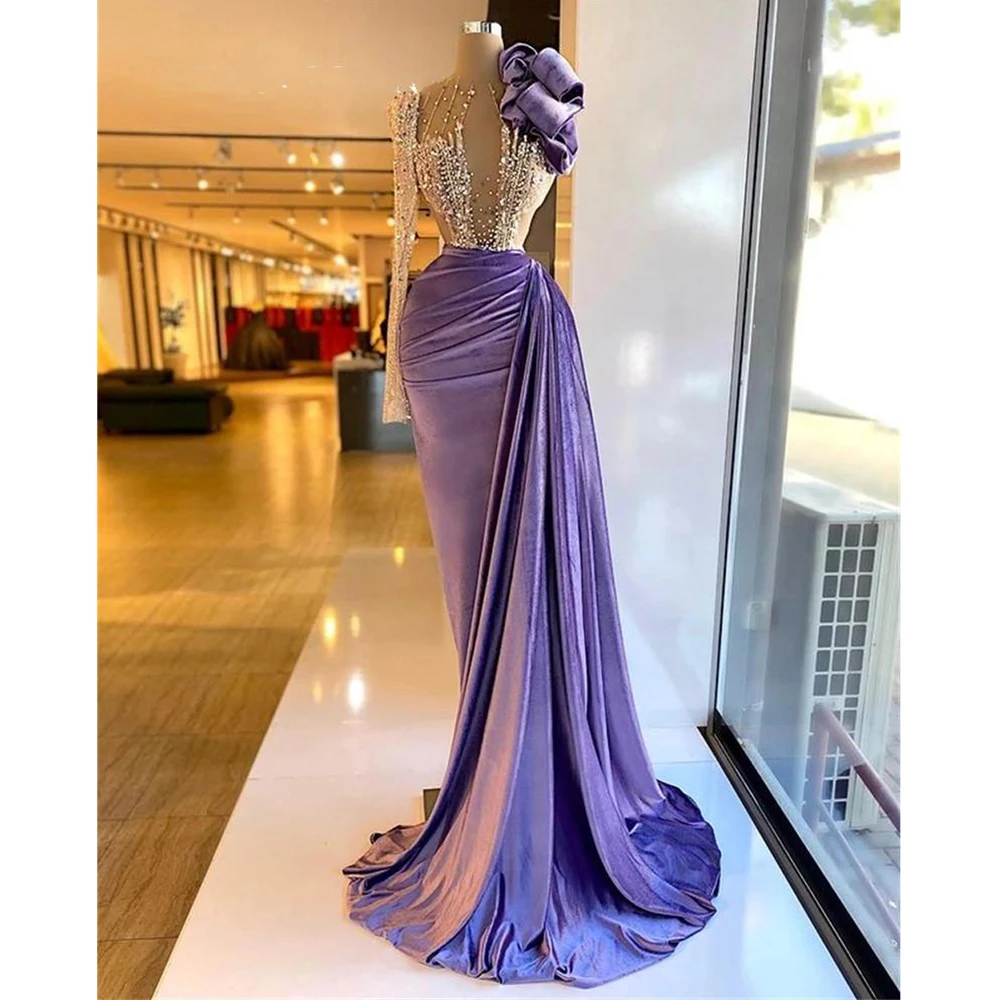 

Elegant Women Mermaid Evening Party Dresses 2023 One Shoulder Purple Velvet Sequined Beaded Wedding Prom Gowns Formal Vestidos