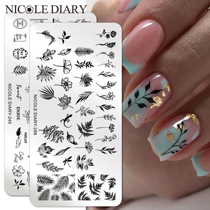 NICOLE DIARY 꽃 잎 네일 스탬프 플레이트 잎 꽃 나비 라인 인쇄 스..