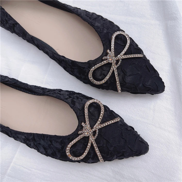 Rhinestone Bow Women's Flat Shoes Zapatos De Mujer Loafers Decorative Pointed Single Shoe Fold Gradient Soft Sole Women Shoes