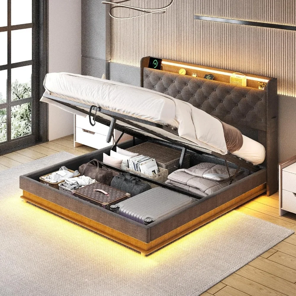 

Queen Size Bed Frame with Lift Up Storage, Upholstered Platform Bed with Charging Station&Led Lights, Queen Bed