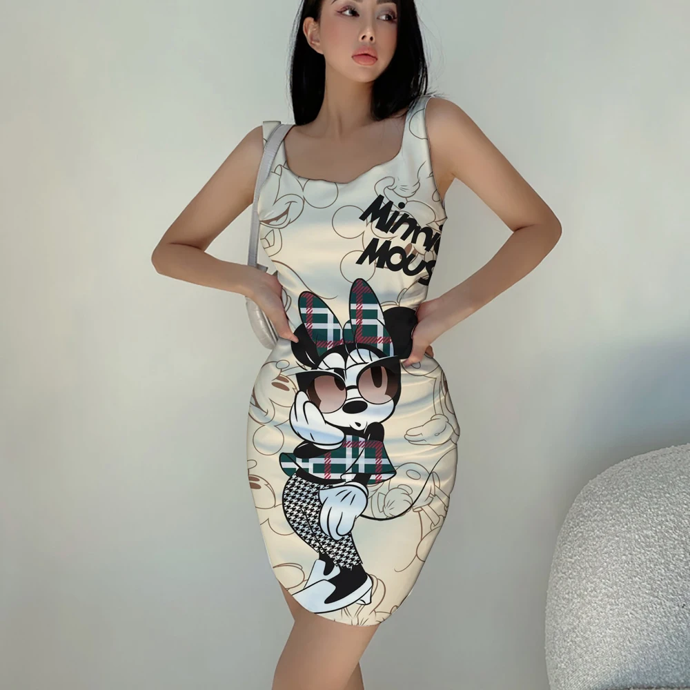 

Disney Mickey and Minnie Ladies Elegant Dress Cartoon Women Dress Sexy Skinny Summer Party Print O Neck Y2K New 2022
