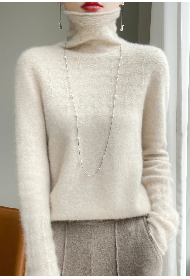 Women’s pure wool seamless collar pullover sweater in classic knit design 0002