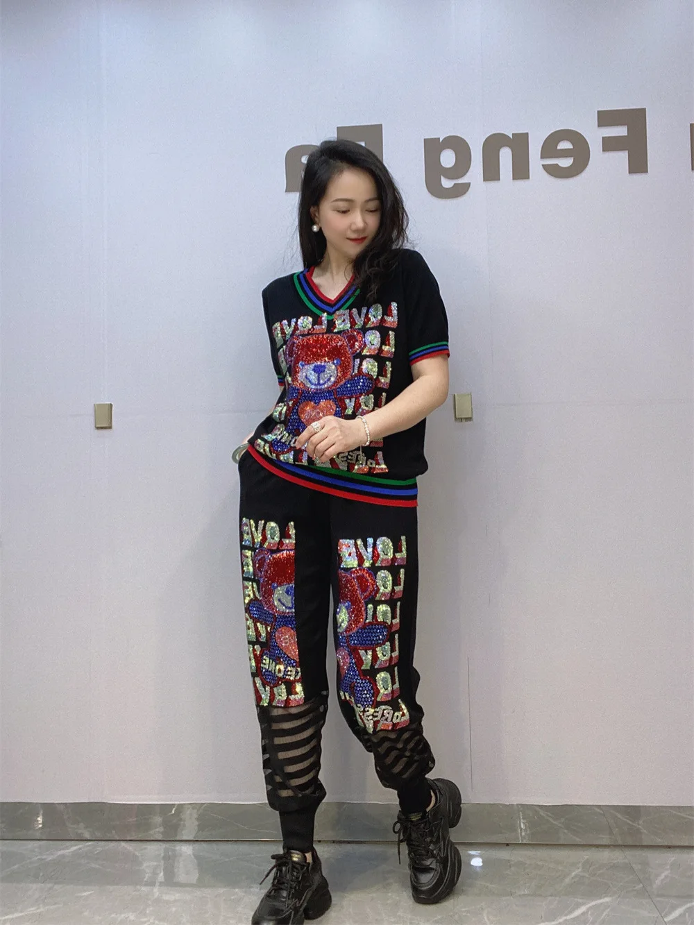 Two Piece Set Women Spring Clothing Cartoon Pattern Letter Diamonds Knitted Tracksuit Short Sleeve Tops Stretchy Joggers