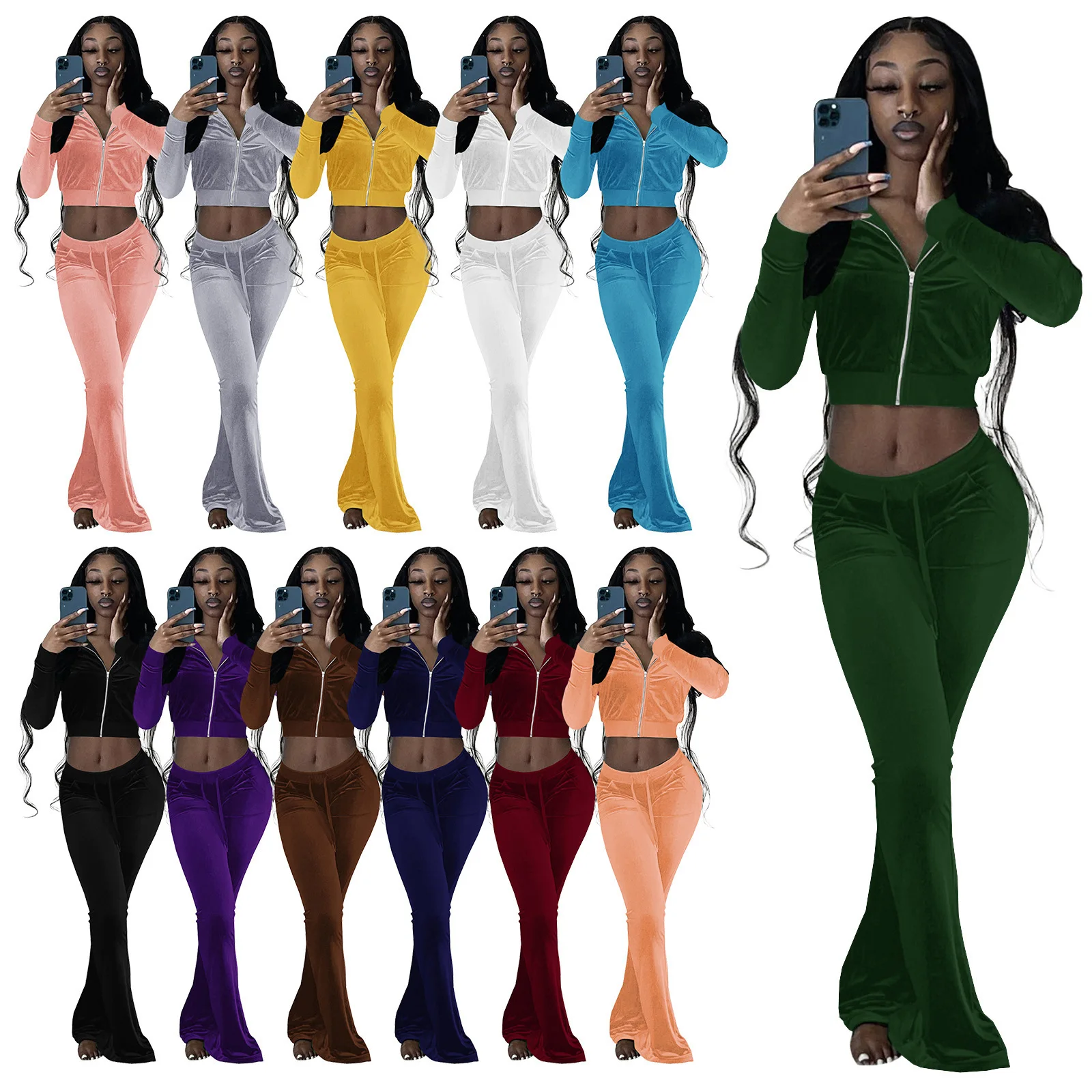 2023 New Autumn/Winter Fashion Women's South Korean Velvet Solid Long Sleeve Open Umbilical Flare Pants Casual Sports Set