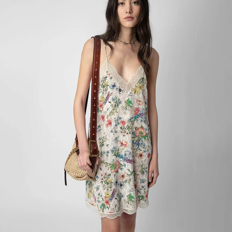 

Zadig Camisole Short Dresses Women Sexy Lace Summer Short Robes Female Fashion Chic V-Neck Silk Loose New Fashion Printed Skirt