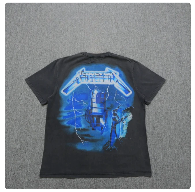 Represents Short-sleeved T-shirt Joint Metallica Print Men's and Women's Same American High Street Crew Neck Loose Retro Top 4